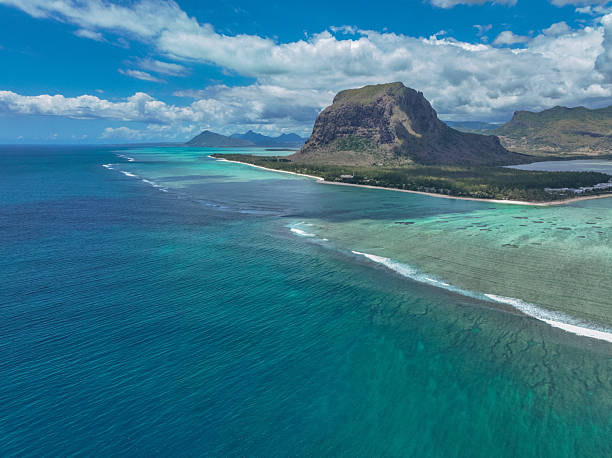 Aerial view of tropical island and reef, Le Morne Brabant