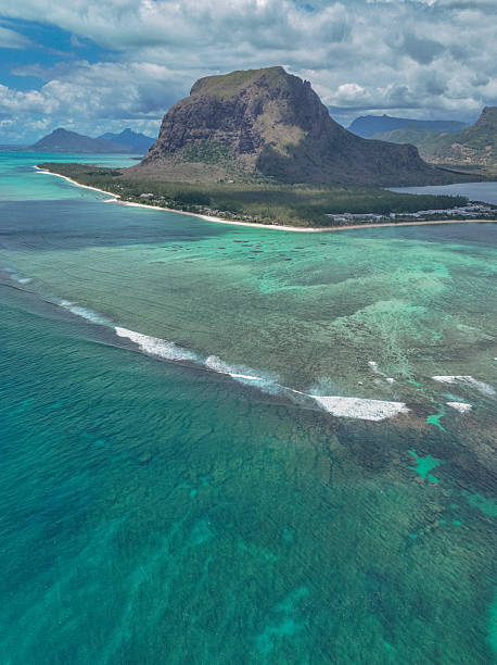 Aerial view of tropical island and reef, Le Morne Brabant