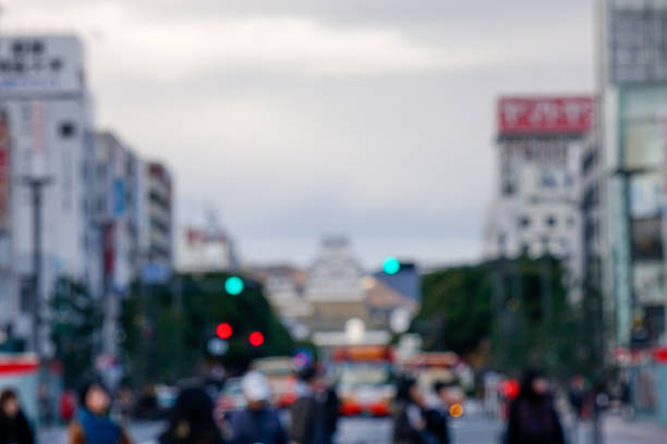 A blurred street scene in Japan at twilight, used as a texture.
