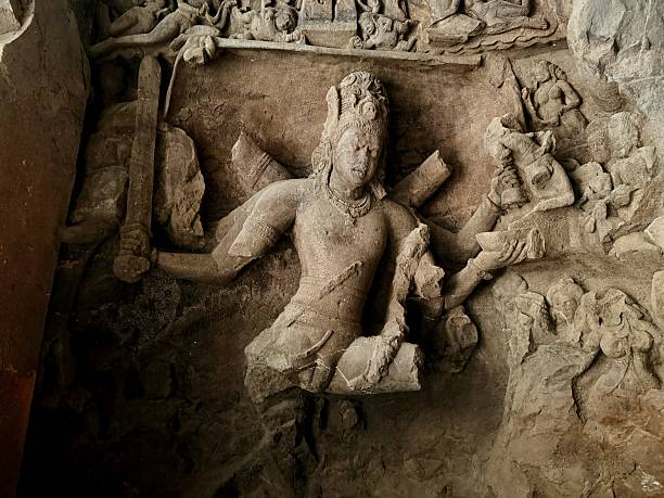 Shiva Gajasamharamurti, slaying the Elephant Demon, Kailasha temple, Ellora, Maharashtra, India, Asia.