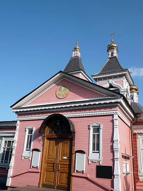 old wood temple bogorodskiy at sunny day