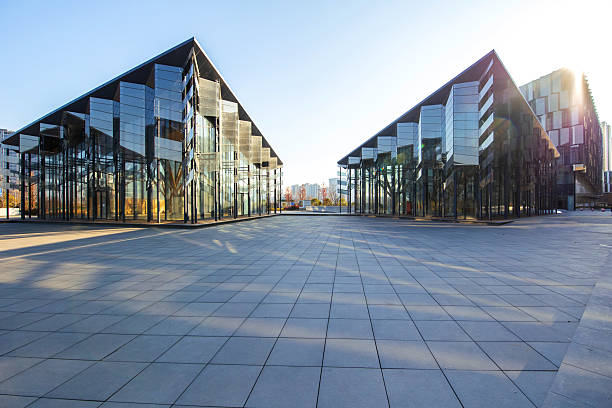 Empty square in front of office glass curtain wall