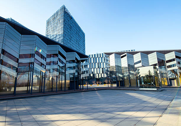 Empty square in front of office glass curtain wall