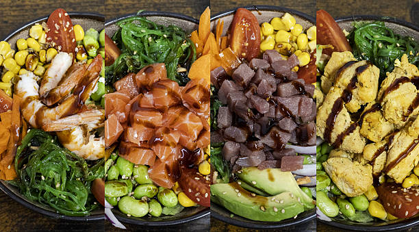Four refreshing poke bowls featuring assorted seafood and chicken
