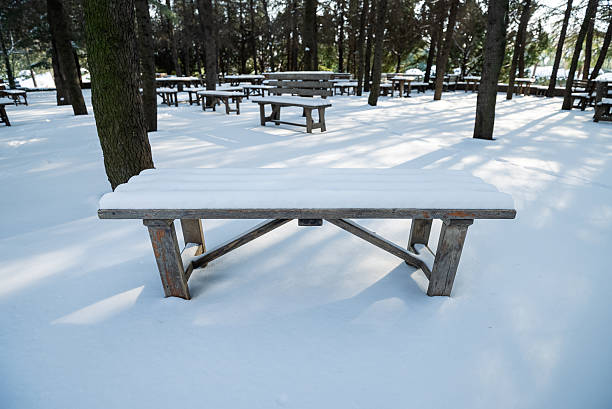 A bench covered in snow sits in a park. The bench is surrounded by snow and is the only one in the area