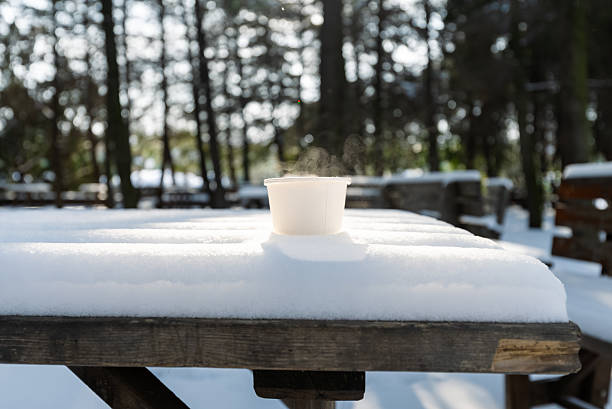 A cup of coffee is poured into a paper cup on a snowy surface. The cup is empty and the snow is covering the ground. The scene is peaceful and serene