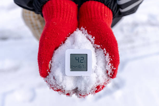 A person is holding a small device that reads 42 degrees. The person is wearing a red glove and is holding the device in their hand. Concept of coldness and the need to stay warm in the winter