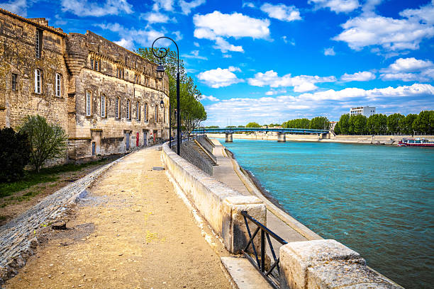 Arles, France. Rhone river waterfront in ancient  Arles view, southern France