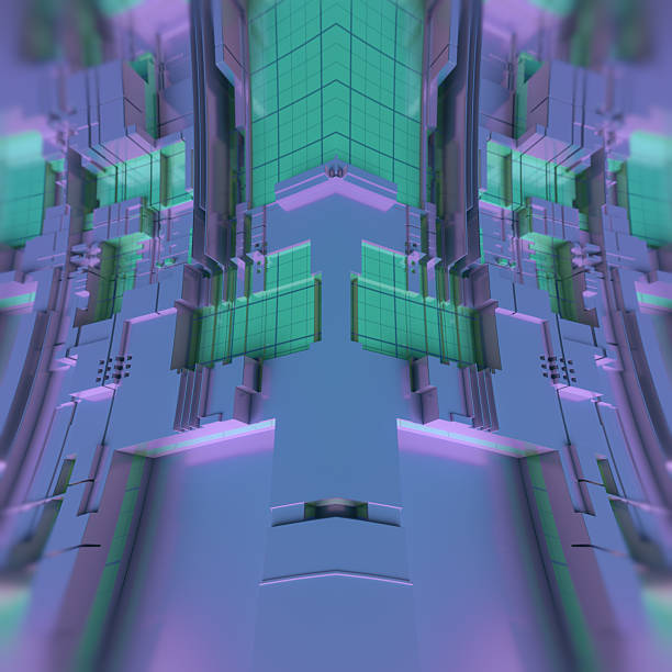 Fantastic symmetrical composition depicting a fragment of a technological system, where strict shapes and geometric elements in neon colors create a sense of order and modernity. 3d rendering