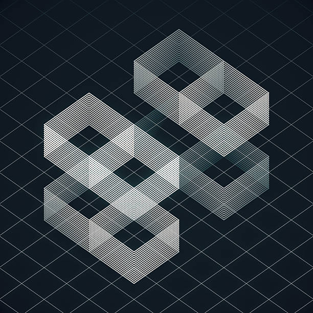 Metallic cube shape illuminated by blue and magenta lights on blue background.