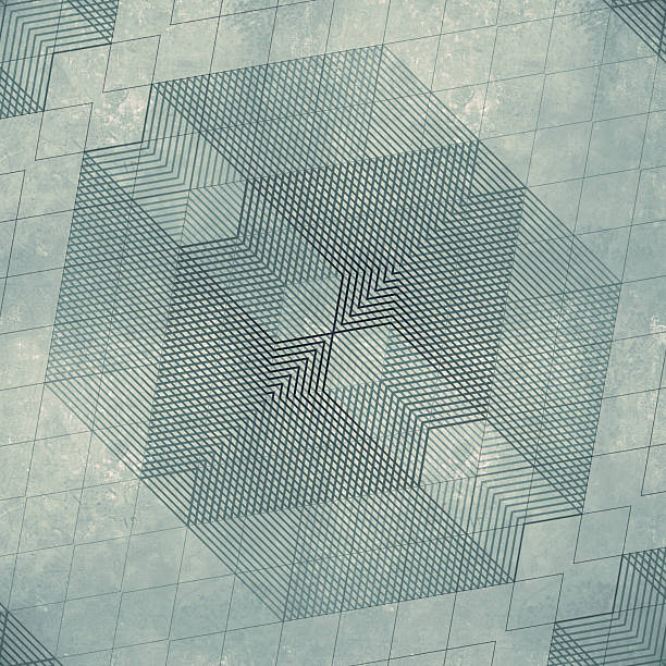 An abstract retro background with a kaleidoscopic pattern of geometric shapes. A vintage op art design with intersecting lines on textured paper with a grid. 3d rendering