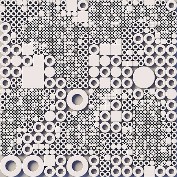 Abstract geometric pattern consisting of many white circles and squares of different sizes. Parametric design style composition with procedural generation elements. 3d rendering