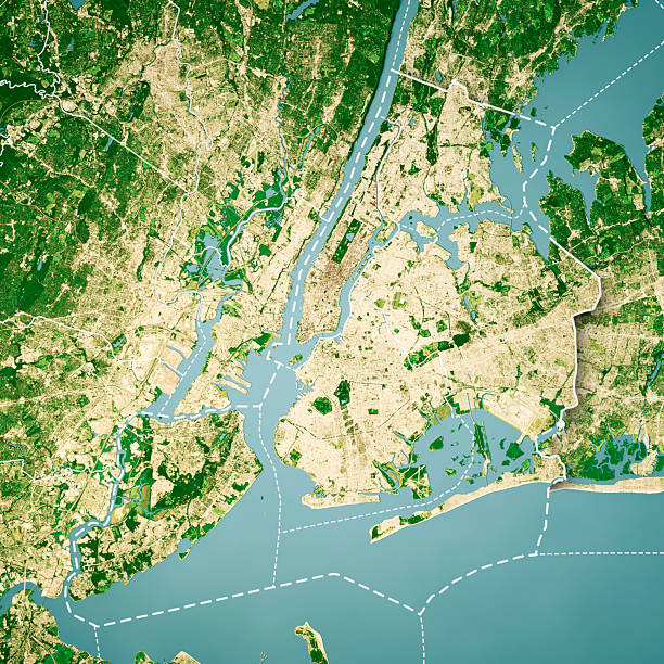 3D Render of a Satellite Topographic Map of New York City, United States.  All source data is in the public domain.Color and Water texture: Contains modified Copernicus Sentinel data (2021) courtesy of ESA.URL of source image: https://dataspace.copernicus.eu/explore-data/data-collections/sentinel-data/sentinel-2Relief texture: 3DEP data courtesy of USGS. URL of source image:https://apps.nationalmap.gov/downloader/#/
