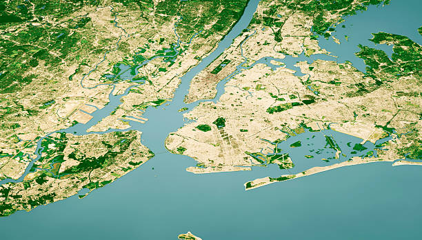 3D Render of a Satellite Landscape View of New York City, United States.  All source data is in the public domain.Color and Water texture: Contains modified Copernicus Sentinel data (2021) courtesy of ESA.URL of source image: https://dataspace.copernicus.eu/explore-data/data-collections/sentinel-data/sentinel-2Relief texture: 3DEP data courtesy of USGS. URL of source image:https://apps.nationalmap.gov/downloader/#/