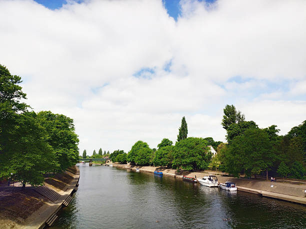View of Moscow river on the embankment of Park Gorki, sunny day in Moscow, green trees and leaves, nature