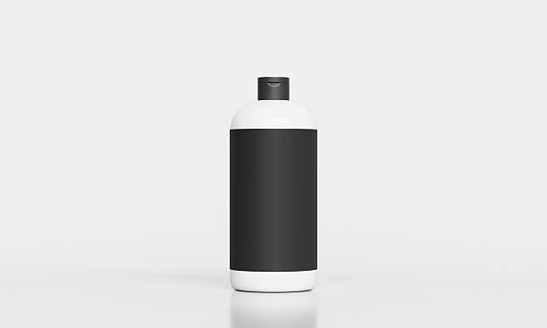 White Plastic Bottles with Black Label and Cap Product Mock up. 3D Rendering.