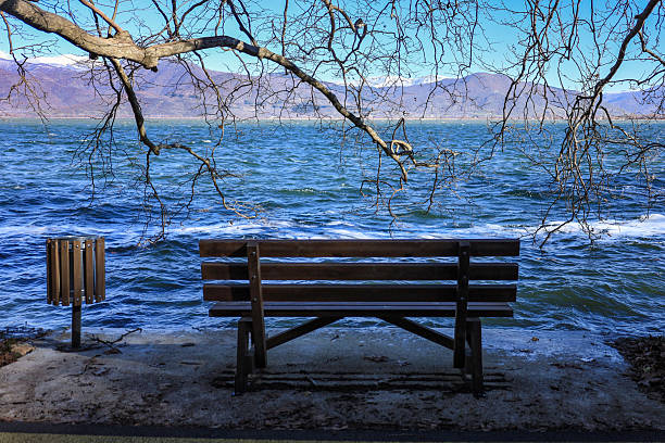 Wooden bench and trash bin on a lakeside path in Kastoria, offering a tranquil view of the wintry lake and surrounding hills.
