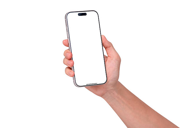 istock Hand holding smartphone mockup with blank white screen isolated on white background. Mobile phone with empty display for copy space. 2257557419