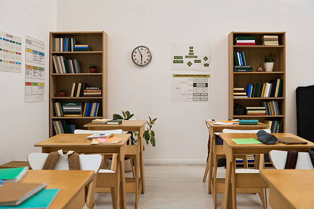 Empty classroom showing wooden desks and chairs arranged in rows, bookshelves filled with books, wall clock, educational posters on walls, potted plants adding decor, no people present