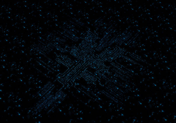 Binary code abstract background with glowing light spots and pixelated effect. Space for copy.