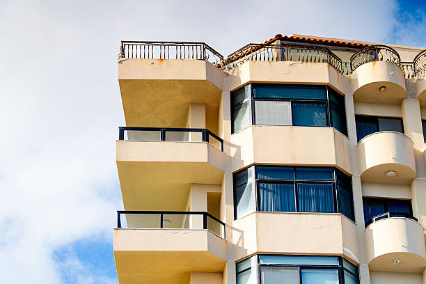 Closeup new, modern apartment townhouses, background with copy space, full frame horizontal composition