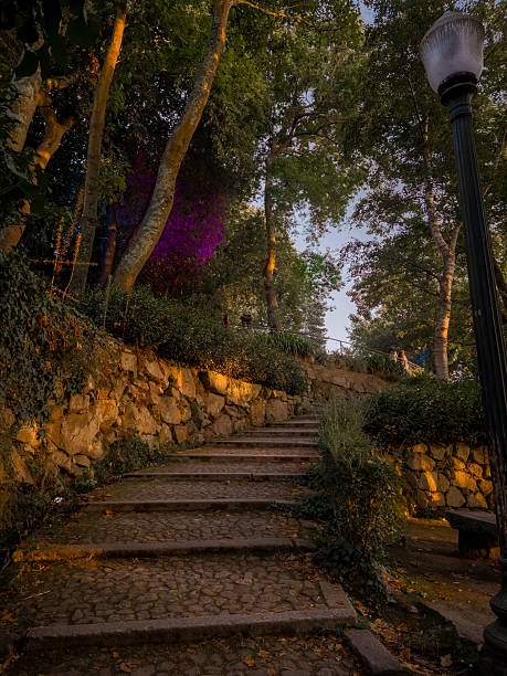 Rocks Arranged to Create an Arched, Wave-Shaped Tunnel in Park Güell, Barcelona, Spain at Sunset