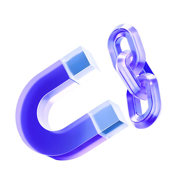 3D Glass magnet and chain link icon, attraction and connection concept. Transparent liquid Glass icon, glassmorphism icon, crystal clear. 3d illustration.
