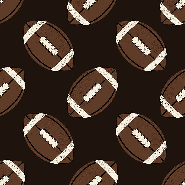 Seamless pattern with vintage American football balls on dark brown background.