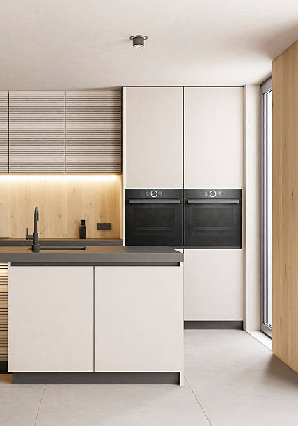 istock Modern Japandi Minimalist White Kitchen with Natural Wood and Neutral Tones 2257580845