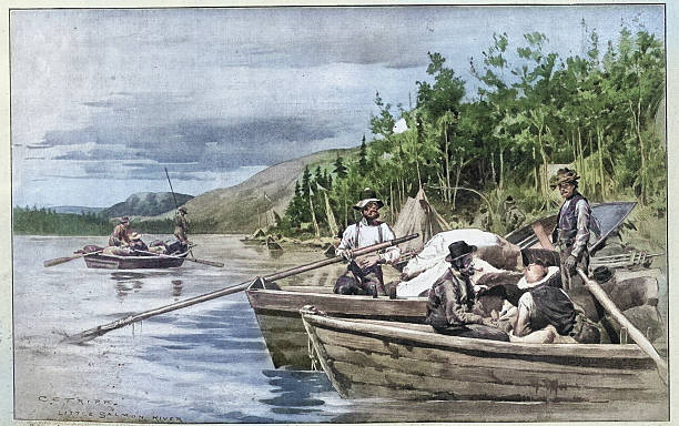 History, Klondike Gold Rush, prospectors in boats going up the Lewes river at mouth of the Little Salmon River, Vintage illustration, 1899, 19th Century