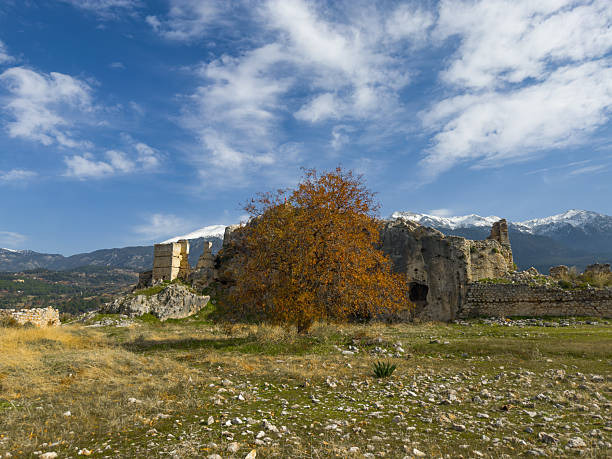 Ancient stone ruins set within a natural landscape, surrounded by grassy hills, scattered trees, and distant mountains under a dramatic blue sky with clouds. The scene highlights the contrast between historic architecture and the natural environment, evoking themes of history, heritage, travel, exploration, and timeless landscapes.