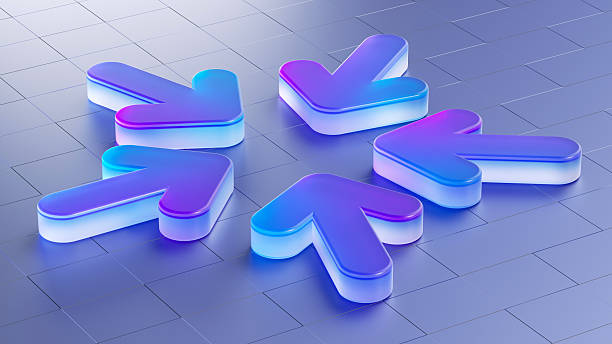 A clean and modern 3D visualization of four blue and purple arrows pointing inwards towards a central meeting point. This composition symbolizes convergence, focus, and the unification of different strategies or teams towards a common goal. The glowing aesthetic on a tiled background conveys a sense of technology and future-forward planning. It effectively illustrates the gathering of resources, brainstorming, or the centralization of operations. Perfect for business presentations, project management materials, and marketing campaigns highlighting teamwork, agreement, and shared objectives in a corporate environment.
