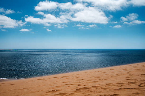 A serene coastal landscape at Sandwich Bay, Namibia, where warm sand meets calm blue water under a bright sky. Perfect for travel, nature, and outdoor lifestyle visuals.