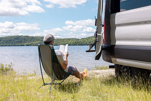 Man Relaxing Close to a Lake With Camper van During Summer