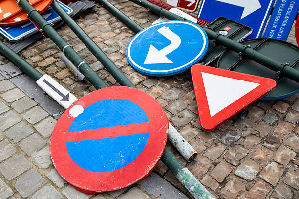Road signs removed from a Brussels street due to road repairs