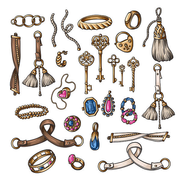 Golden vintage keys  and jewelry isolated. Vector
