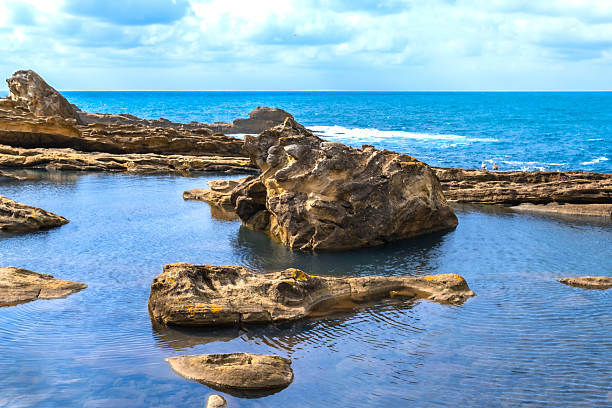 Tide pools of clear, calm water nestled in weathered rocks along a pacific coastline, reflecting deep blue sea and sky for a serene, unspoiled coastal seascape