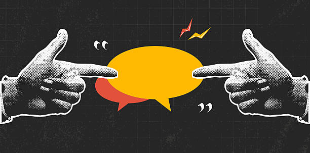 stockillustraties, clipart, cartoons en iconen met halftone collage hands pointing toward speech bubbles in a concept of dialogue and communication - debat