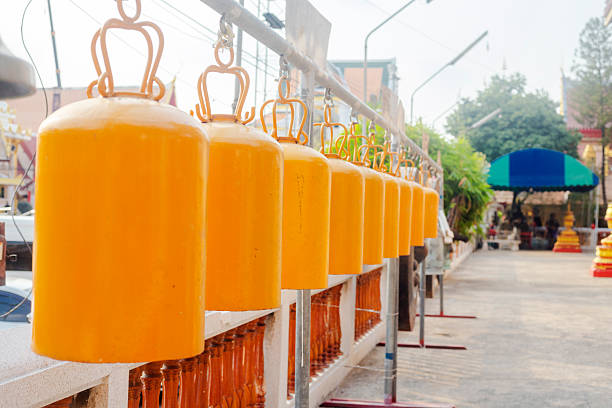 Row of yelloe colored thai buddhist bells at Wat Laksi in Bangkok Laksi