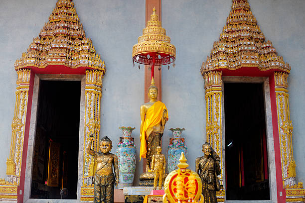 Two enrtrances and buddha statues at Wat Laksi in  Bangkok Laksi. Wat Laksi district located at Kamphengphet Road 6