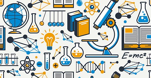 Science seamless pattern, vector endless background with a lot of elements that can be used separately as an icons or illustrations, physics and chemistry wallpaper.