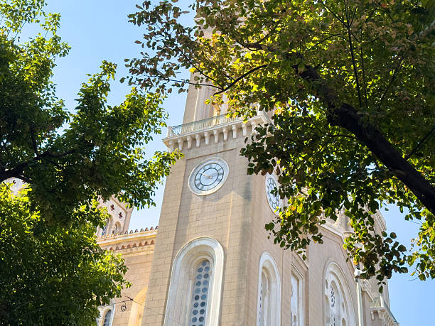 Athens Metropolitan Cathedral clock tower in city center, framed by leafy trees, low angle view, clear blue sky, Greece