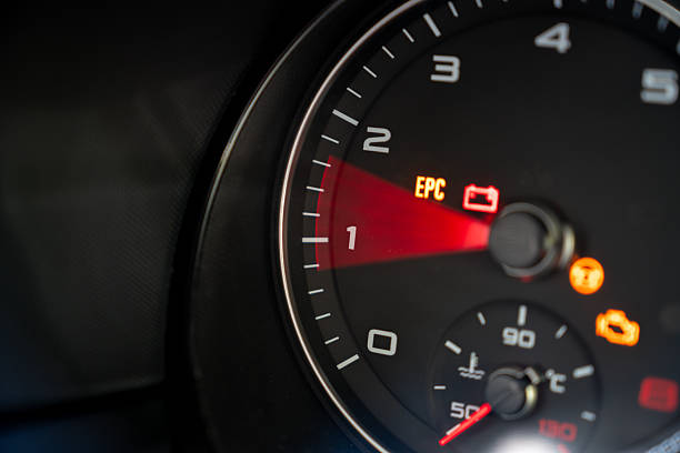 A detailed close-up of a modern car's digital and analog instrument cluster. The dashboard shows illuminated warning symbols including the EPC (Electronic Power Control), battery charging system indicator, and engine malfunction light. The tachometer needle is visible against a dark background, illustrating vehicle diagnostics and mechanical failure concepts.