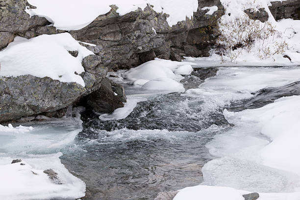Snow, ice and spray of cold water in/near a stream of water (or a small waterfall) in Jotunheimen National Park, Norway, in early winter (October). The image was captured with a full frame DSLR camera and a sharp lens at low ISO. The photograph is part of a series of images of Jotunheimen National Park at various seasons.