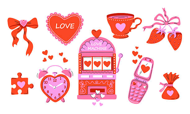 istock Set of cute and playful illustrations about love with heart, bow, candy, puzzle element, cup, strawberries, slot machine, mobile phone, alarm clock. Suitable for Valentine's Day, romance, love themes. Red and pink colors. 2257640688
