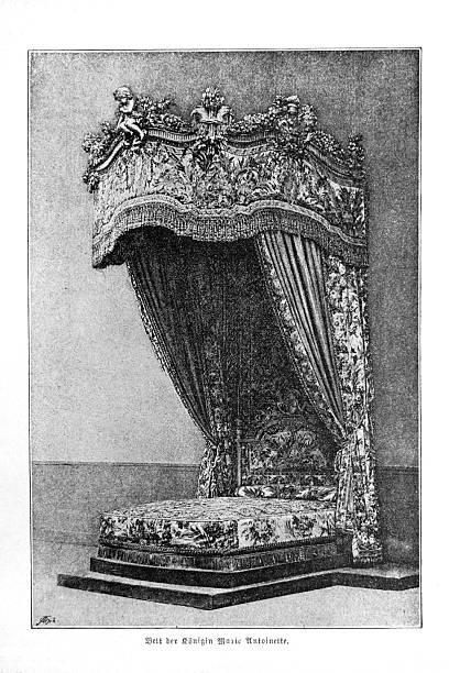 A detailed interior view of the royal bed in Versailles, featuring heavy floral drapery and an elaborate crown-like canopy. This historical illustration showcases the opulence of French Rococo style.