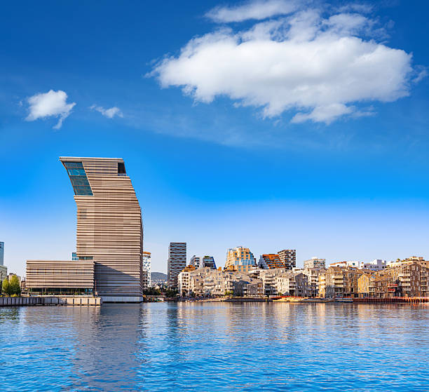 Sunny summer view of Oslo harbor and Bjorvika waterfront in Norway with modern skyline and calm blue water