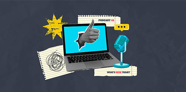Trendy halftone collage featuring a thumbs-up hand emerging from a laptop screen, a retro-style microphone, and torn notebook paper elements. This vibrant design uses bold colors and mixed-media textures to represent modern podcast culture, digital content creation, communication, and media platforms.