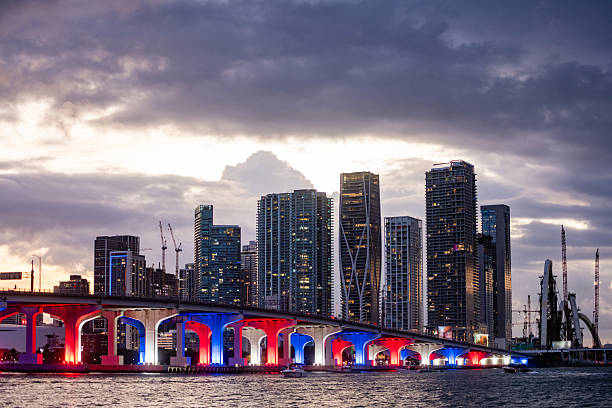 This is a photograph of the downtown Miami skyline at dusk with the MacArthur Causeway bridge illuminated in red, white and blue colors on Biscayne Bay..