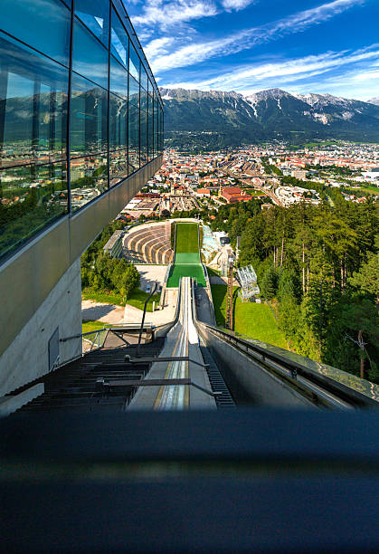 Oberstdorf, Germany - March, 16th - 2024: Schattenberg ski jump. Five ski jumps, from bambinos to adults, all end in the same area.